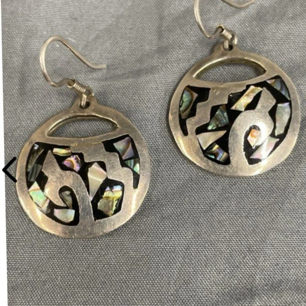 Vintage Mexico Sterling Silver Abalone Inlay Taxco Drop Earrings 925 16.1g